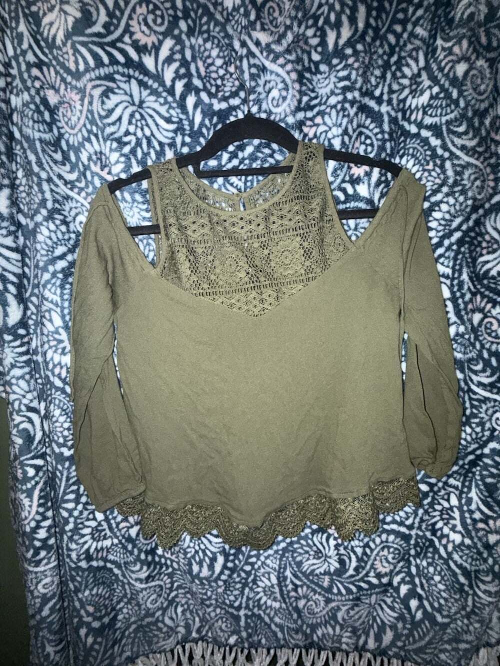Express Olive Green Off Shoulder Lace Trim Top Size S